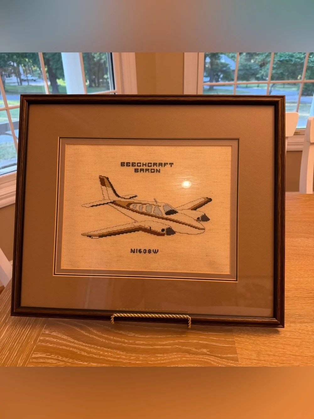 Vintage Framed Embroidered Beechcraft Baron Airplane